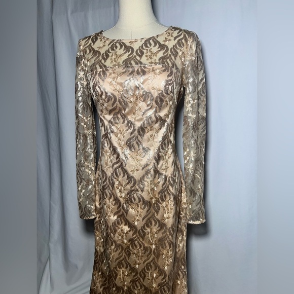 Eliza J Long Sleeve beaded overlay Champagne Dress | 4 - Picture 4 of 7